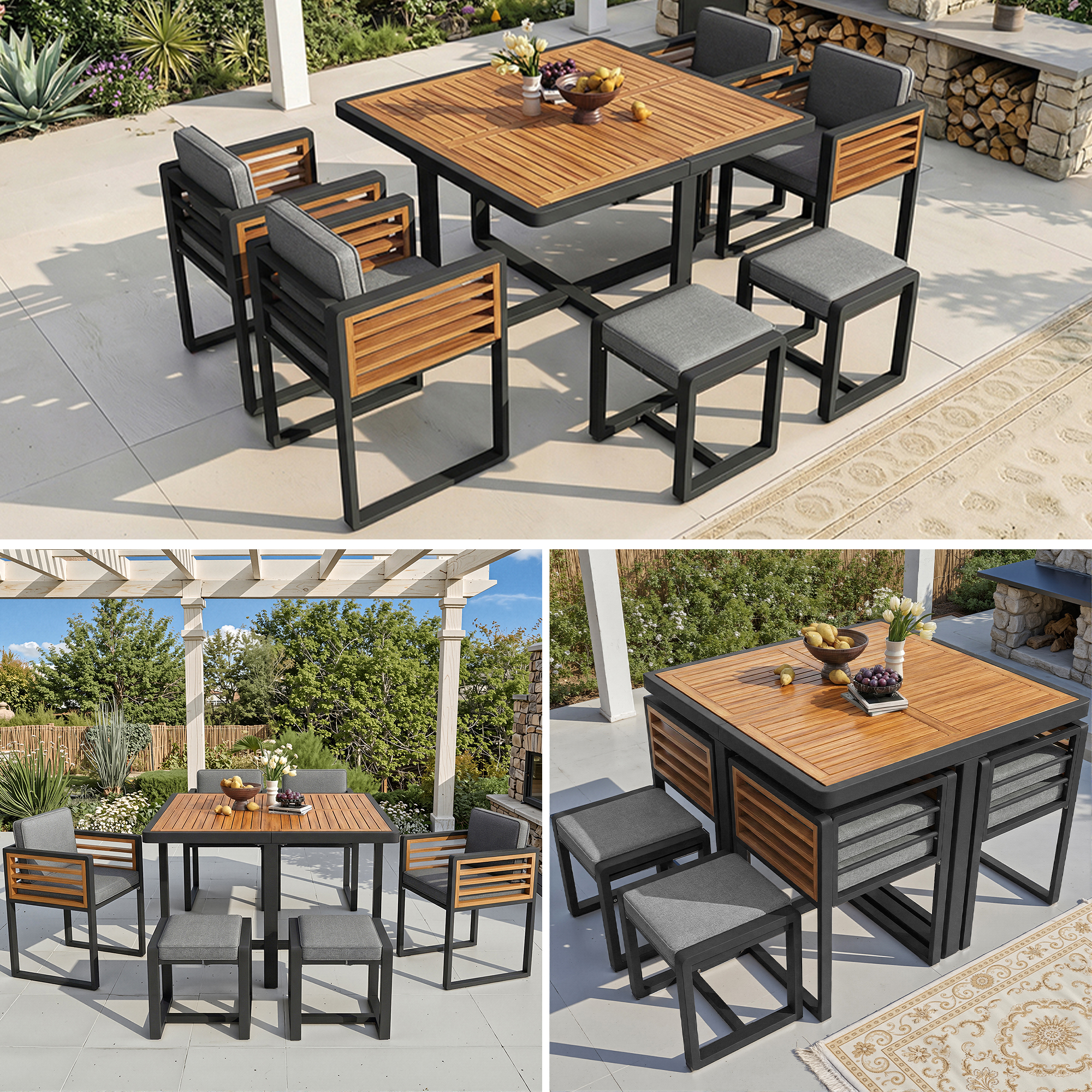 Solid Wood Garden Dining Set for Six